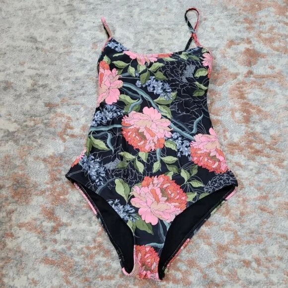 Eidon Black One Piece Swimsuit‎ with Peony Pattern - Size Small - Picture 3 of 7